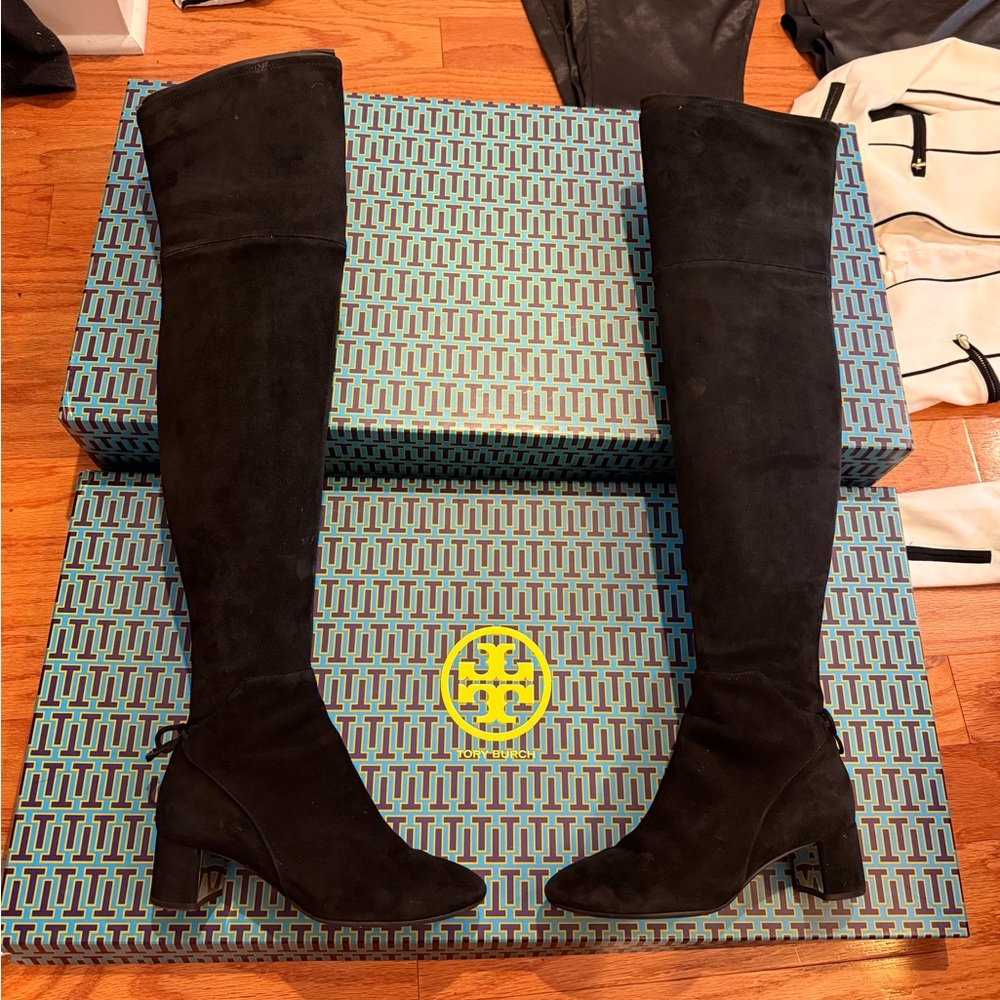 Tory Burch Laila Over the Knee Boots Black Suede Stretch Size 6